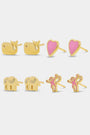 The Icon Party Earring Pack by Roller Rabbit features four pairs of gold and pink icon earrings—whales, hearts, elephants, and unicorns—arranged in two rows on a white background for a fun, playful style.