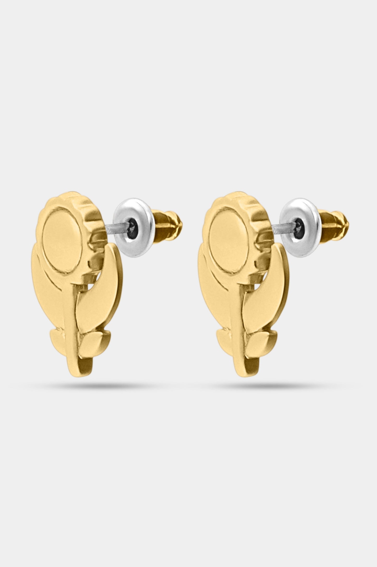 The Roller Rabbit Marquis Floral Stud features boho vintage gold flower studs with a round center and two leaves, shown against a plain light gray background.