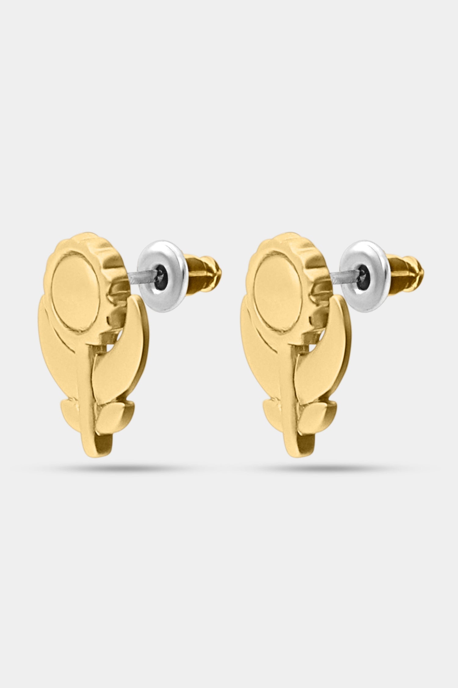 The Roller Rabbit Marquis Floral Stud features boho vintage gold flower studs with a round center and two leaves, shown against a plain light gray background.