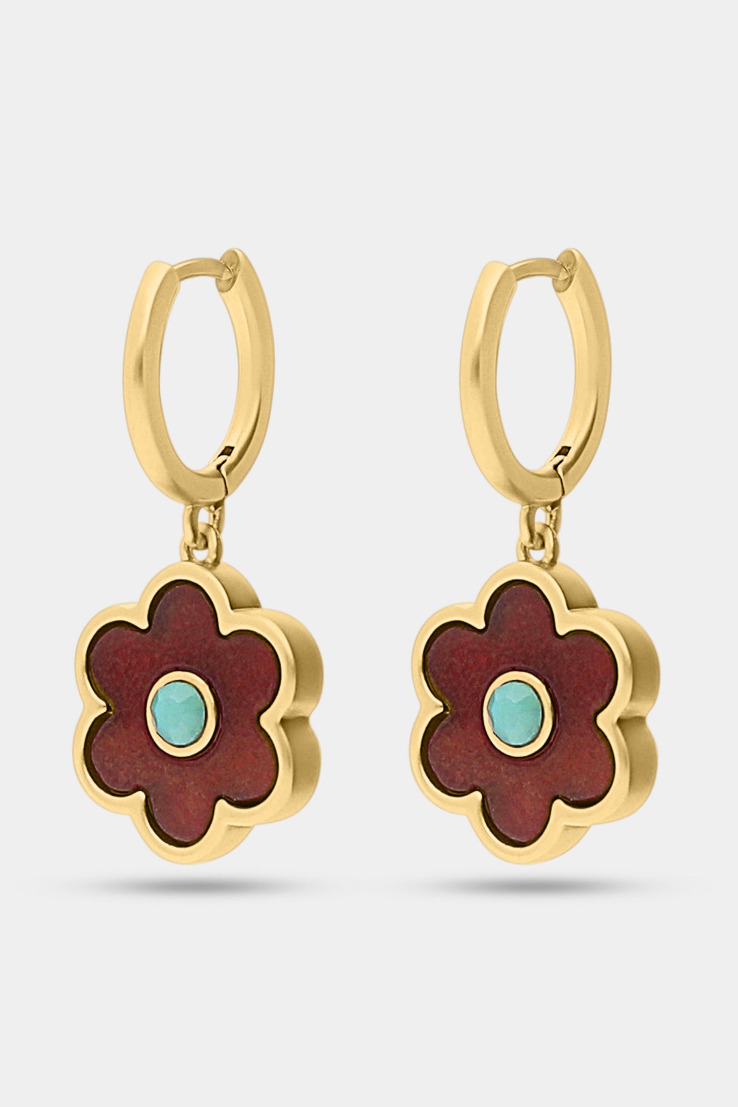 The Roller Rabbit Raya Floral Earring features gold huggie hoops with burgundy florals, turquoise centers, and red flower-shaped charms—an elegant Autumn accessory, shown against a white background.