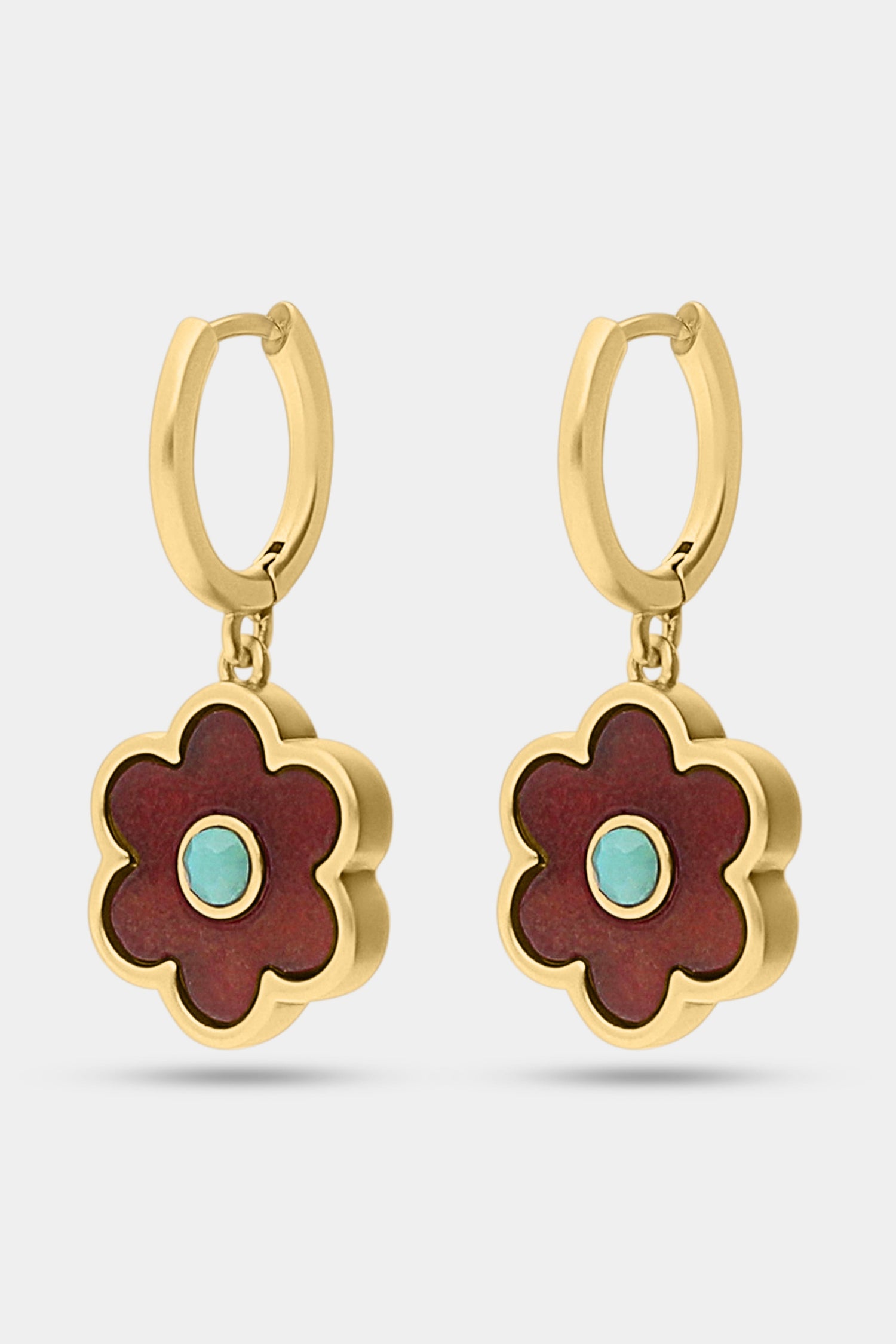 The Roller Rabbit Raya Floral Earring features gold huggie hoops with burgundy florals, turquoise centers, and red flower-shaped charms—an elegant Autumn accessory, shown against a white background.