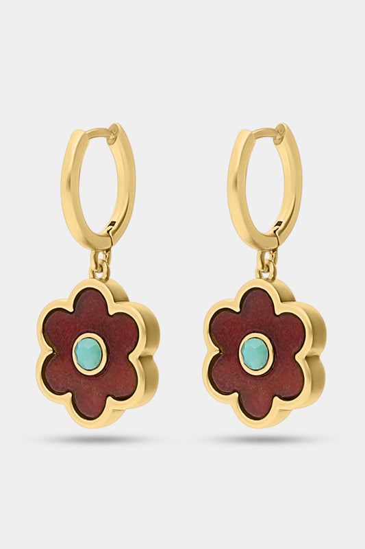 The Roller Rabbit Raya Floral Earring features gold huggie hoops with burgundy florals, turquoise centers, and red flower-shaped charms—an elegant Autumn accessory, shown against a white background.