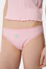 The Roller Rabbit Fruits Embroidery Bikini 4 Pack features four ribbed girls' panties—two pink, two light blue—made from soft Pima cotton with delicate lace trim and playful embroidered fruits for a retro touch.