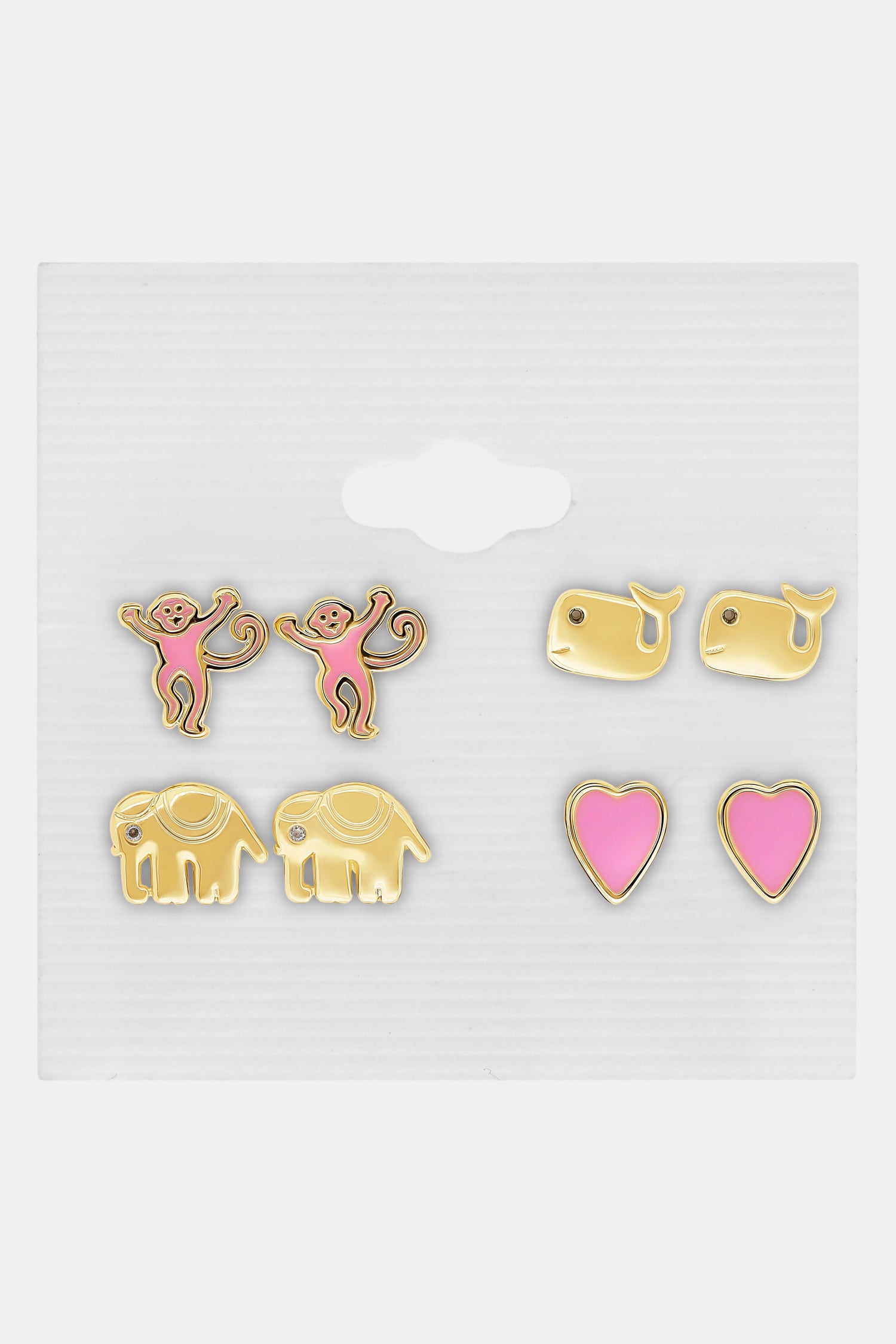 The Icon Party Earring Pack by Roller Rabbit features four pairs of gold and pink icon earrings—whales, hearts, elephants, and unicorns—arranged in two rows on a white background for a fun, playful style.