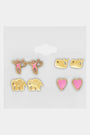 The Icon Party Earring Pack by Roller Rabbit features four pairs of gold and pink icon earrings—whales, hearts, elephants, and unicorns—arranged in two rows on a white background for a fun, playful style.