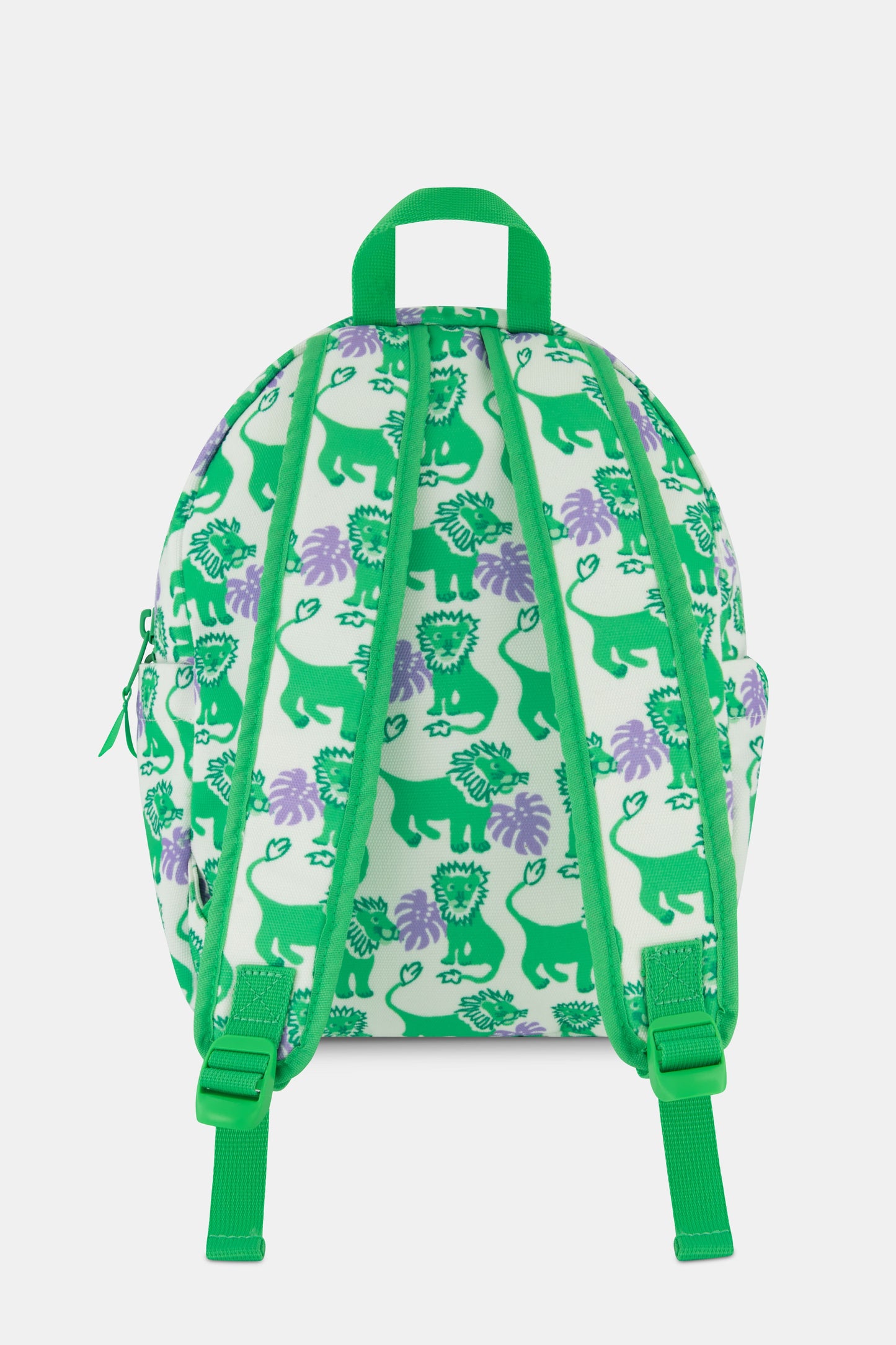 The Roller Rabbit Kids Leo the Lion Backpack is a mini white backpack with a green zipper and handle, decorated with green and purple cartoon lions—including Leo the Lion—and playful floral patterns.