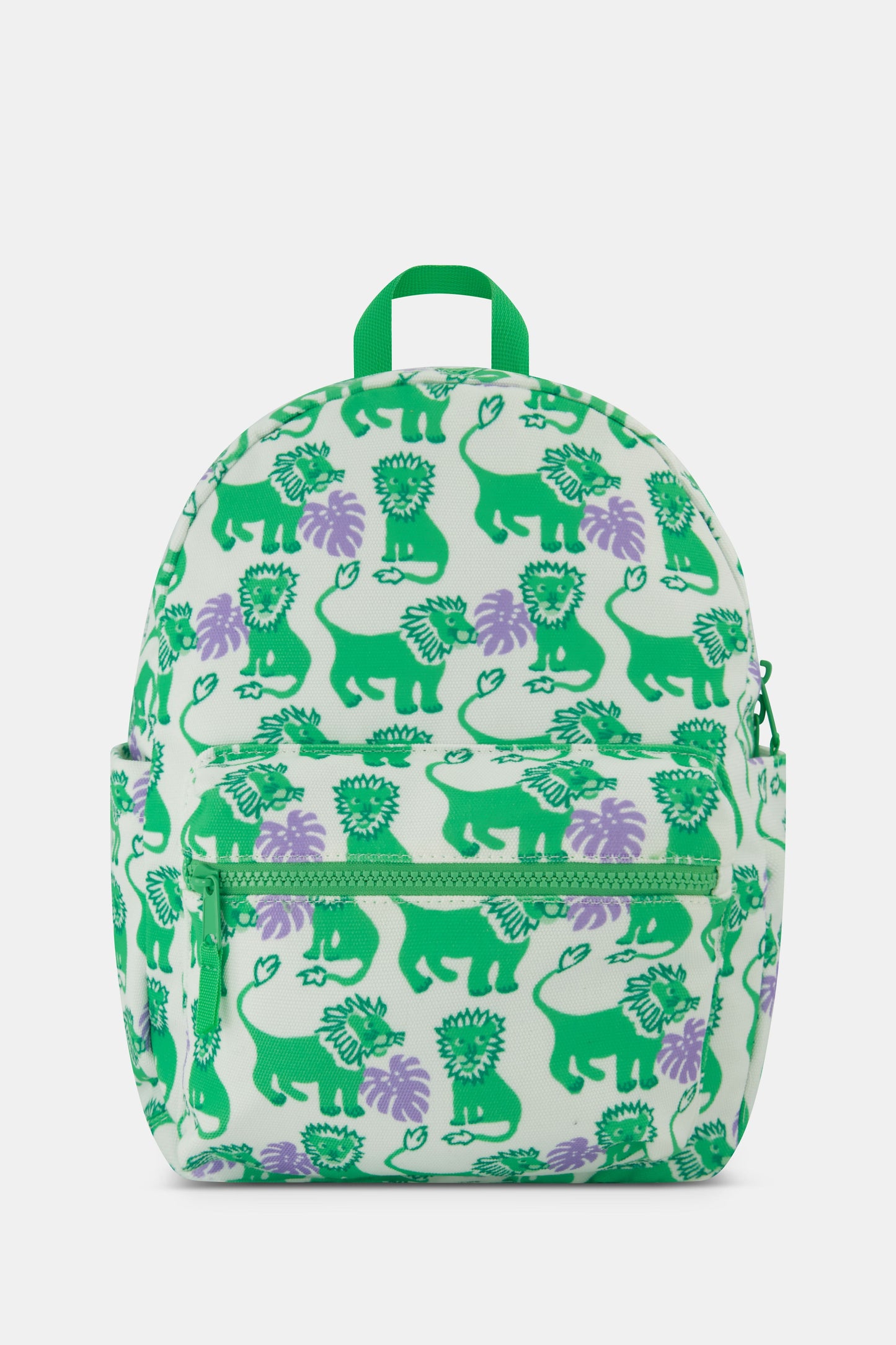 The Roller Rabbit Kids Leo the Lion Backpack is a mini white backpack with a green zipper and handle, decorated with green and purple cartoon lions—including Leo the Lion—and playful floral patterns.