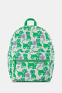 The Roller Rabbit Kids Leo the Lion Backpack is a mini white backpack with a green zipper and handle, decorated with green and purple cartoon lions—including Leo the Lion—and playful floral patterns.