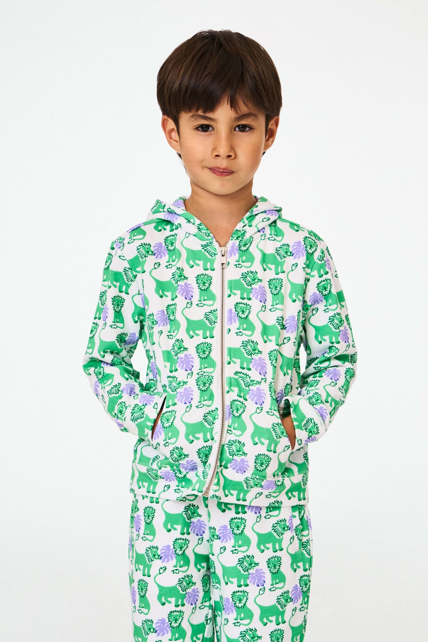 A young child wears the Roller Rabbit Kids Leo The Lion Harley Hoodie, a green and purple French terry zip-up with matching pants, featuring a Leo the Lion print, posing with hands in pockets against a plain white background.
