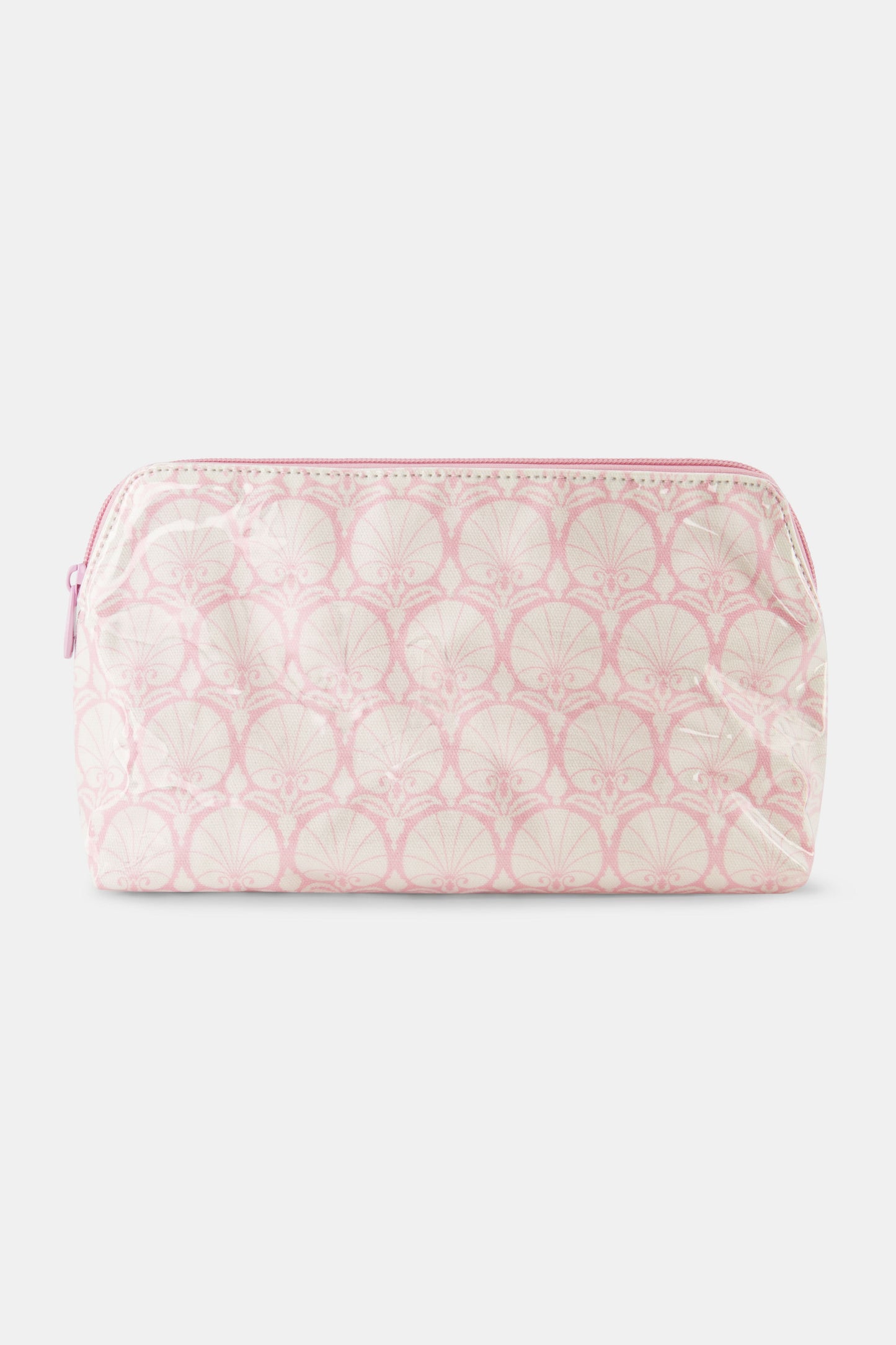 The Roller Rabbit Fan Geo Makeup Bag is a rectangular, zippered pink cotton canvas bag with a light pink and white art deco pattern, shown against a plain white background.