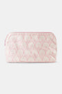 The Roller Rabbit Fan Geo Makeup Bag is a rectangular, zippered pink cotton canvas bag with a light pink and white art deco pattern, shown against a plain white background.