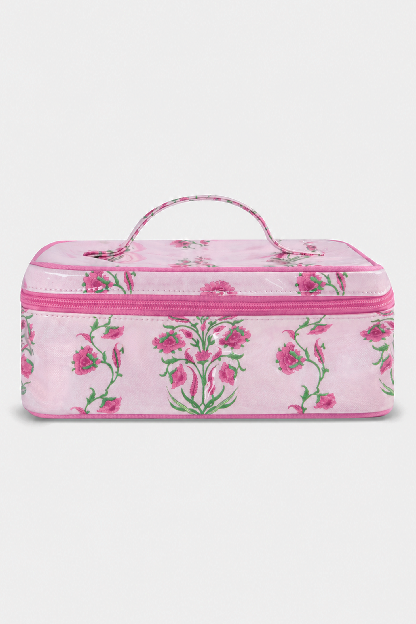 The Roller Rabbit Lily Stripe Carry All Case is a rectangular pink cotton canvas travel case with a top handle, zip closure, and pink and green floral patterns on a plain white background.