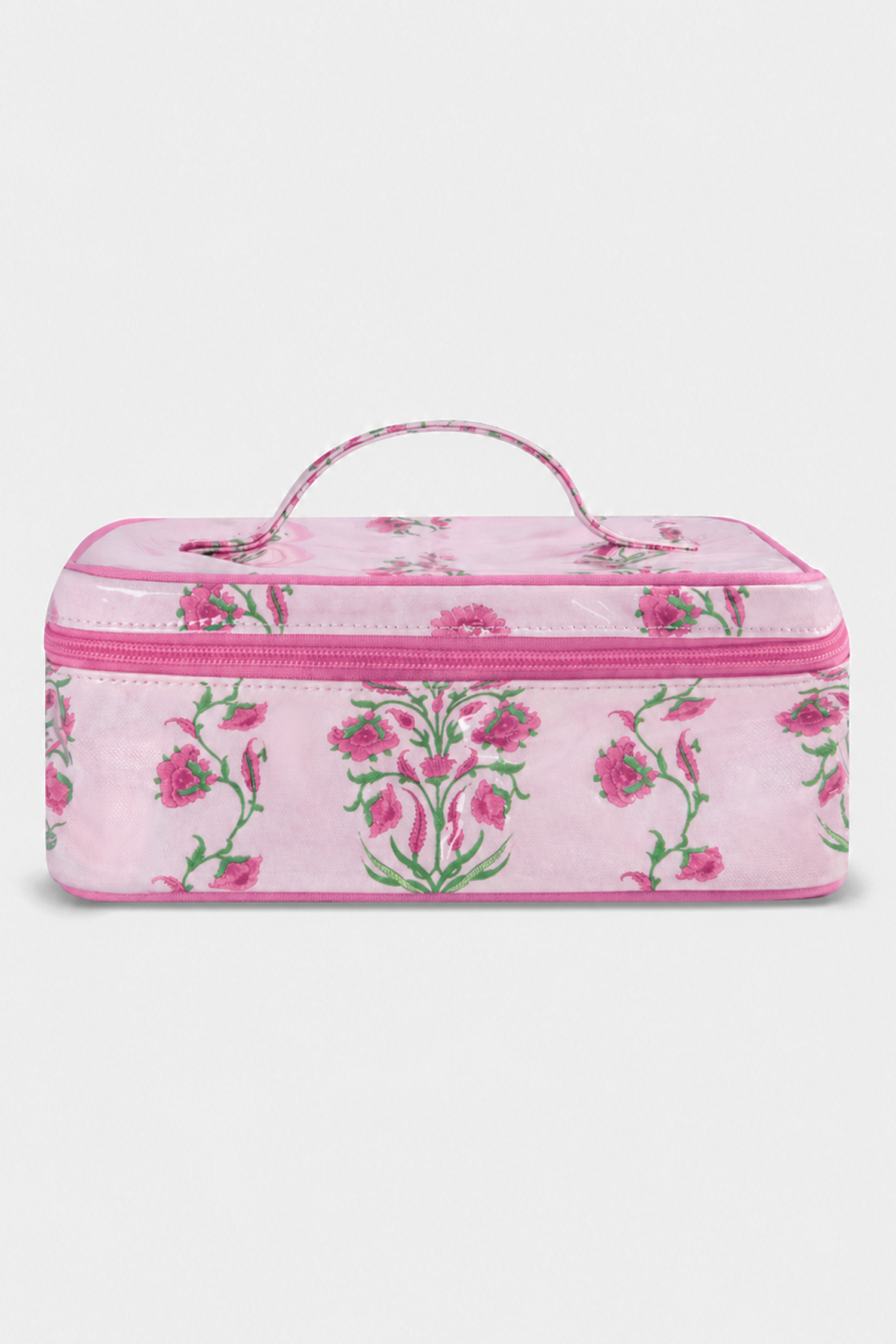 The Roller Rabbit Lily Stripe Carry All Case is a rectangular pink cotton canvas travel case with a top handle, zip closure, and pink and green floral patterns on a plain white background.