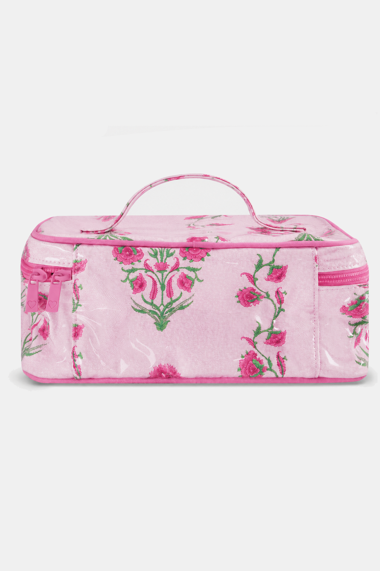 The Roller Rabbit Lily Stripe Carry All Case is a rectangular pink cotton canvas travel case with a top handle, zip closure, and pink and green floral patterns on a plain white background.