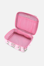 The Roller Rabbit Lily Stripe Carry All Case is a rectangular pink cotton canvas travel case with a top handle, zip closure, and pink and green floral patterns on a plain white background.