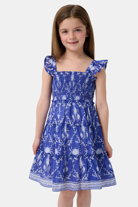 A young girl with straight brown hair smiles while wearing the Roller Rabbit Kids Lobster Trellis Ceri Dress, featuring a blue and white pattern with ruffled sleeves, against a plain white background.