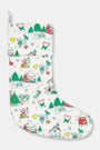 The Roller Rabbit Snow Village Quilted Stocking is a white 100 cotton Christmas stocking featuring festive prints like elves, candy canes, stars, snowmen, gifts, gingerbread house, Christmas trees—perfect for your holiday decor collection.