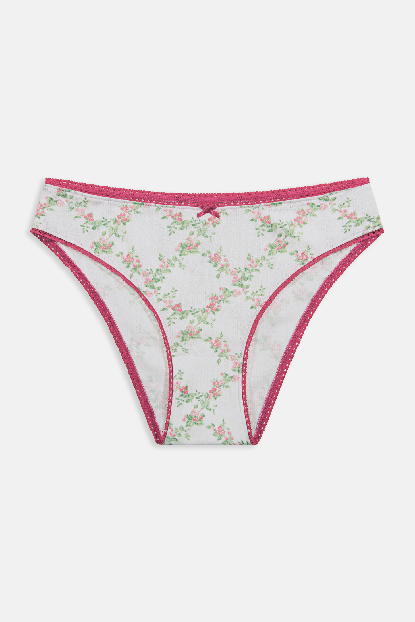 A person wearing the Roller Rabbit Raspberry Garden Gwen Bikini, a matching white camisole and vintage-inspired underwear set with a pink floral pattern and pink trim, shown from mid-torso to upper thighs.
