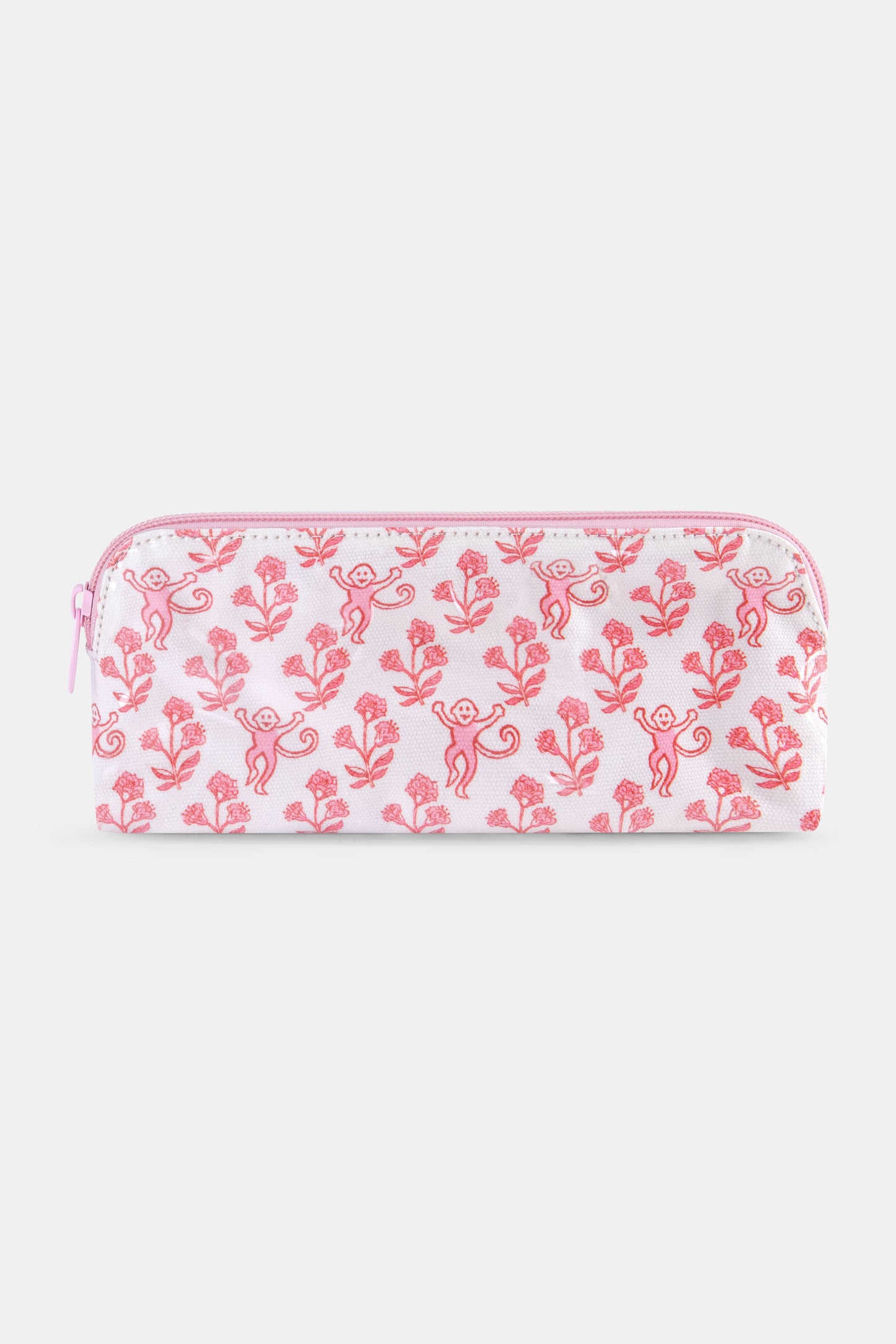 The Roller Rabbit Rosa Ditsy Monkey Makeup Bag is a rectangular pink and white cotton canvas bag with a zippered closure, featuring a red monkey and floral print.