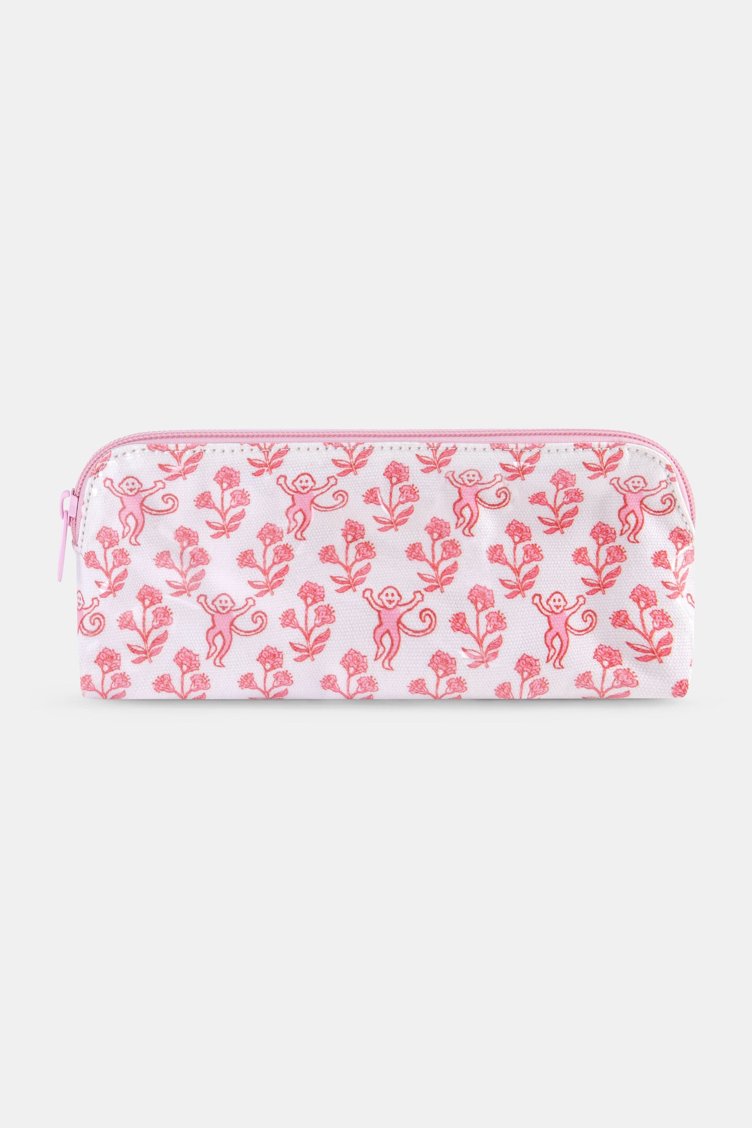 The Roller Rabbit Rosa Ditsy Monkey Makeup Bag is a rectangular pink and white cotton canvas bag with a zippered closure, featuring a red monkey and floral print.