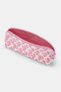 The Roller Rabbit Rosa Ditsy Monkey Makeup Bag is a rectangular pink and white cotton canvas bag with a zippered closure, featuring a red monkey and floral print.