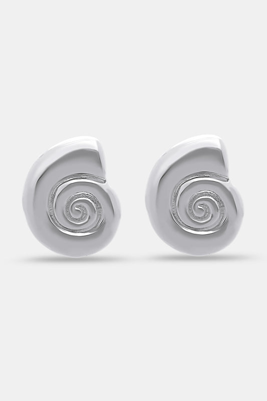 Roller Rabbit Swirl Stud Earrings: shiny silver studs shaped like abstract shells with a raised spiral design in the center, shown on a plain light gray background.
