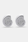 Roller Rabbit Swirl Stud Earrings: shiny silver studs shaped like abstract shells with a raised spiral design in the center, shown on a plain light gray background.