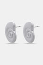 Roller Rabbit Swirl Stud Earrings: shiny silver studs shaped like abstract shells with a raised spiral design in the center, shown on a plain light gray background.