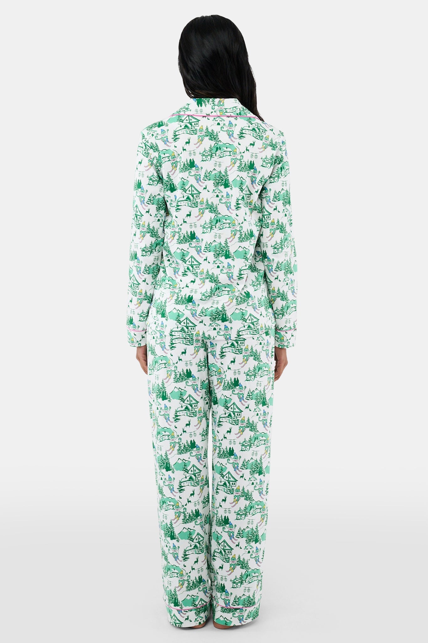 Roller Rabbit Green Ski Toile Long Sleeve Polo Pajamas
