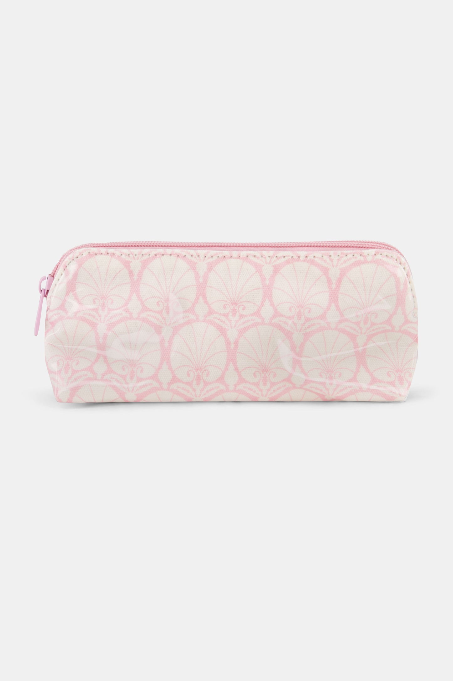 The Roller Rabbit Fan Geo Makeup Bag is a rectangular, zippered pink cotton canvas bag with a light pink and white art deco pattern, shown against a plain white background.
