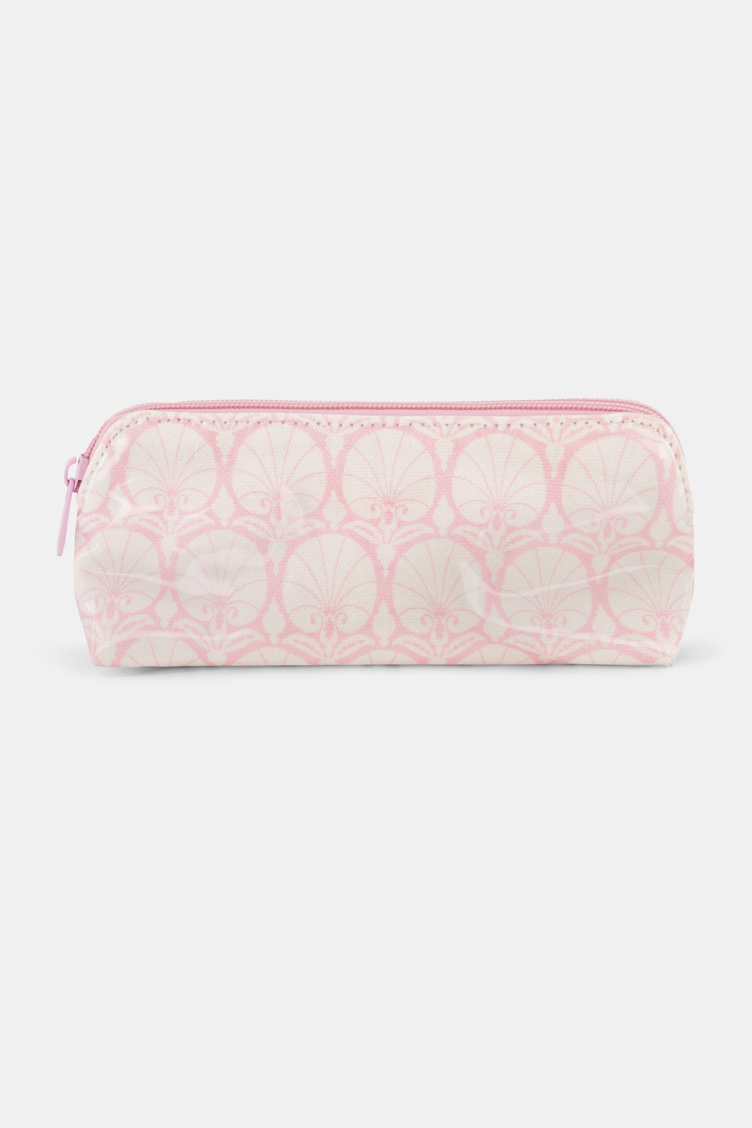 The Roller Rabbit Fan Geo Makeup Bag is a rectangular, zippered pink cotton canvas bag with a light pink and white art deco pattern, shown against a plain white background.