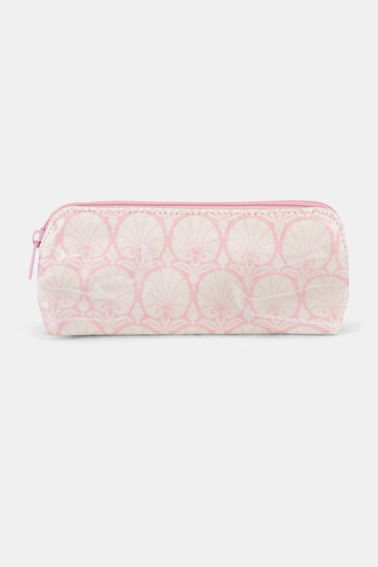The Roller Rabbit Fan Geo Makeup Bag is a rectangular, zippered pink cotton canvas bag with a light pink and white art deco pattern, shown against a plain white background.
