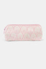 The Roller Rabbit Fan Geo Makeup Bag is a rectangular, zippered pink cotton canvas bag with a light pink and white art deco pattern, shown against a plain white background.