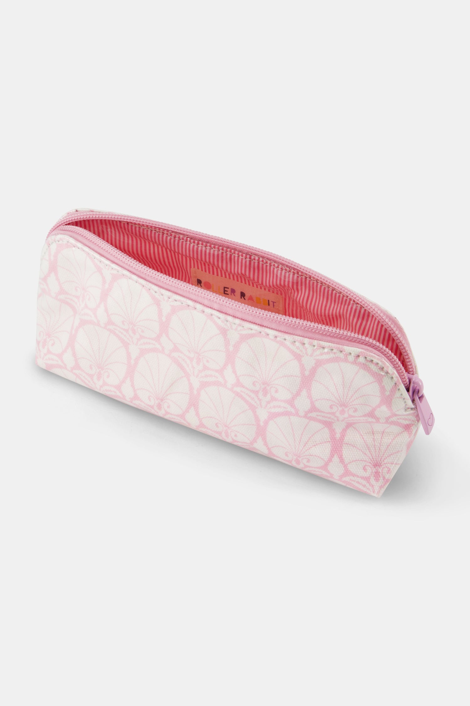 The Roller Rabbit Fan Geo Makeup Bag is a rectangular, zippered pink cotton canvas bag with a light pink and white art deco pattern, shown against a plain white background.