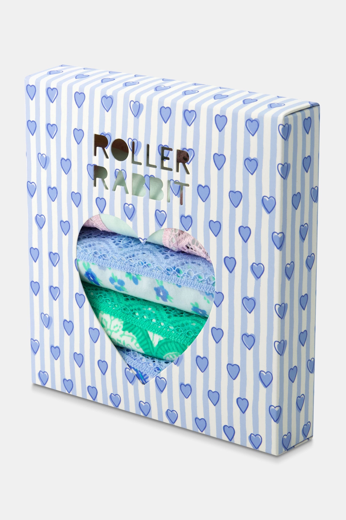 The Roller Rabbit Classic Core Boyshort 4 Pack includes four pairs of girls' underwear in fun patterns—green diamond, white with blue florals, mint with hearts, and light blue floral—all made from soft modal fabric for comfort.