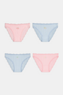 The Roller Rabbit Fruits Embroidery Bikini 4 Pack features four ribbed girls' panties—two pink, two light blue—made from soft Pima cotton with delicate lace trim and playful embroidered fruits for a retro touch.