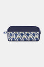 The Roller Rabbit Mens Monkey Dopp Kit is a rectangular blue toiletry bag with playful blue monkeys on a white front pocket, water-resistant material, zipper closure, and a side handle for easy carrying.