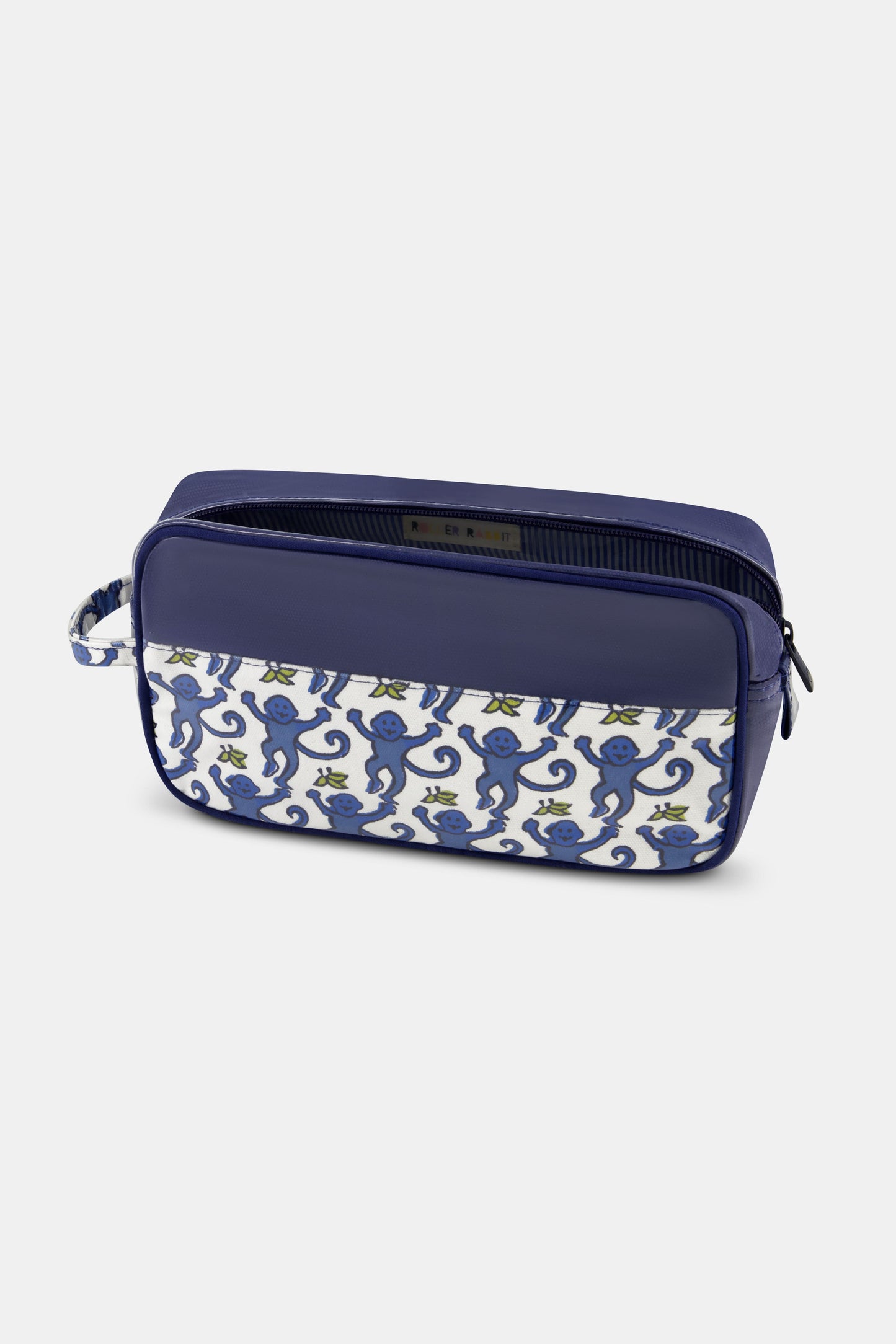 The Roller Rabbit Mens Monkey Dopp Kit is a rectangular blue toiletry bag with playful blue monkeys on a white front pocket, water-resistant material, zipper closure, and a side handle for easy carrying.