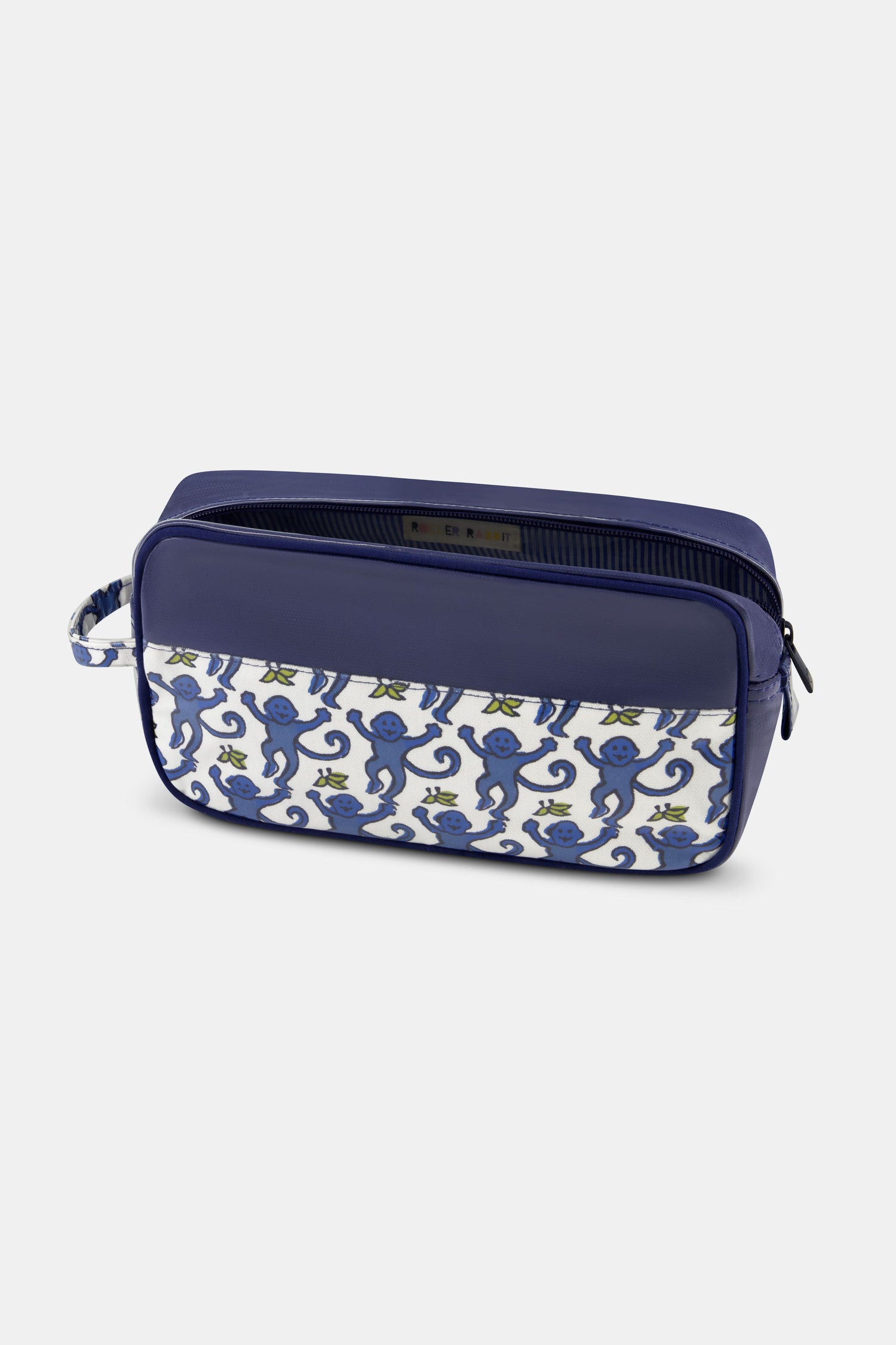 The Roller Rabbit Mens Monkey Dopp Kit is a rectangular blue toiletry bag with playful blue monkeys on a white front pocket, water-resistant material, zipper closure, and a side handle for easy carrying.